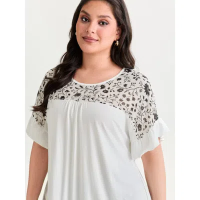 Bloomchic Women's Plus Size Sheer Floral Print Contrast Knit Top Originalwhite Short Sleeve Elegant Round Neck