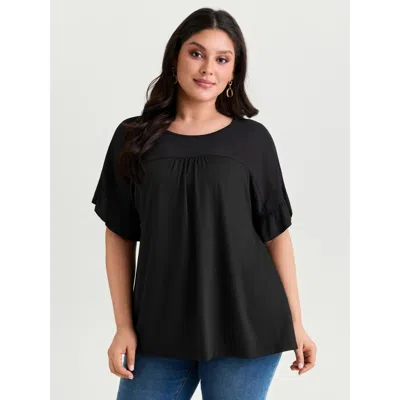 Bloomchic Women's Plus Size Sheer Floral Print Contrast Knit Top Pureblack Short Sleeve Elegant Round Neck 12/