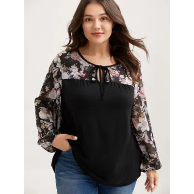 Bloomchic Women's Plus Size Sheer Floral Print Neck-tie T-shirt Black Floral Elegant Long Sleeve 14-16/1x