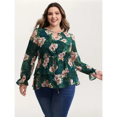 Bloomchic Women's Plus Size Sheer Floral Print Tie Flared Blouse Armygreen Floral Elegant Extra Long Sleeve 12