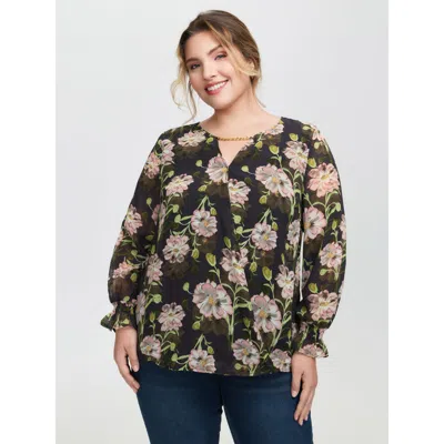 Bloomchic Women's Plus Size Sheer Floral Ruffled Cuff Metal Detail Blouse Black Floral Elegant Long Sleeve 10/
