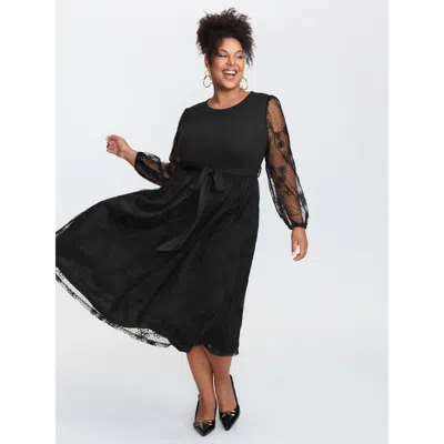 Bloomchic Women's Plus Size Sheer Floral Sleeve Belted Waist Midi Dress Black Non Maxi Elegant Mesh Panel 18-2