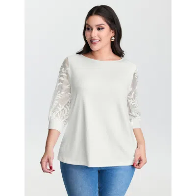 Bloomchic Women's Plus Size Sheer Floral Sleeve Spliced Blouse Originalwhite Solid Elegant 3/4 Sleeve Round Ne