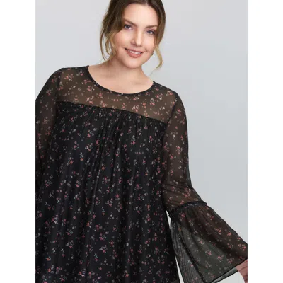 Bloomchic Women's Plus Size Sheer Floral Stretchy Net Knit Top Blackflower Long Sleeve Elegant Round Neck 10/m
