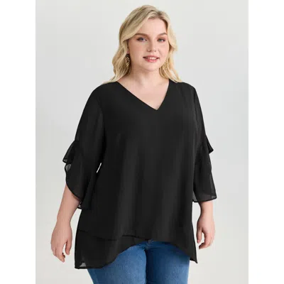 Bloomchic Women's Plus Size Sheer Flowy Ruffled Sleeve Plain Blouse Pureblack Non Elegant Short Sleeve 10/m