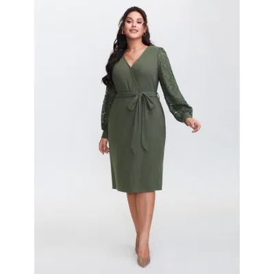 Bloomchic Women's Plus Size Sheer Lace Cozy Belted Waist Midi Dress Darkgreen Non Midi Elegant 14-16/1x In Green