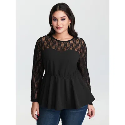 Bloomchic Women's Plus Size Sheer Lace Crisscross Plain Top Black Long Sleeve Elegant Round Neck 10/m