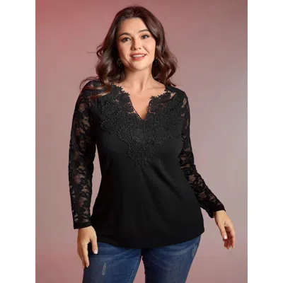 Bloomchic Women's Plus Size Sheer Lace Fitted Solid T-shirt Black Solid Elegant Long Sleeve V-notch Neck 10/m
