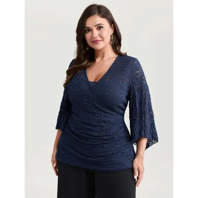 Bloomchic Women's Plus Size Sheer Lace Flared Sleeve Blouse Darkblue Synthetic Texture Elegant Half Sleeve 12/ In Blue