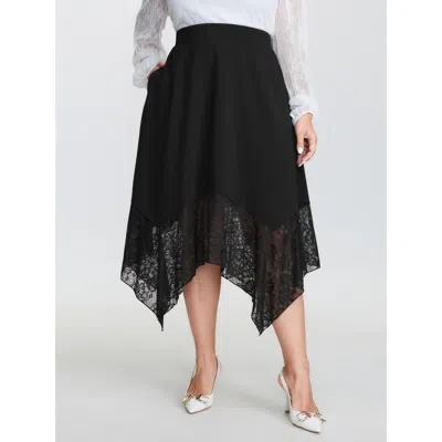 Bloomchic Women's Plus Size Sheer Lace Handkerchief Hem Midi Skirt Black Patchwork A-line Elegant 10/m