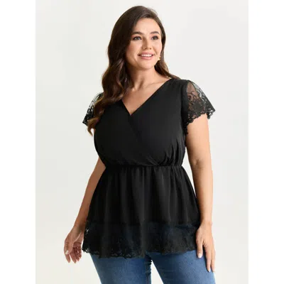 Bloomchic Women's Plus Size Sheer Lace Hem Satin Blouse Black Else Elegant Short Sleeve V-neck 10/m