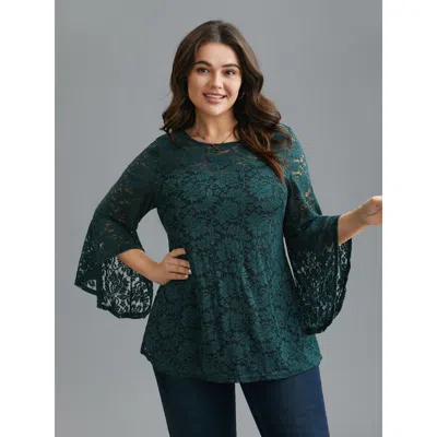 Bloomchic Women's Plus Size Sheer Lace Irregular Sleeve Lined Shirt Darkgreen Solid Elegant Long Sleeve Round  In Green