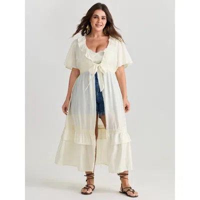Bloomchic Women's Plus Size Sheer Lace Lotus Leaf Detail Kimono Beige Patchwork Non 12/l In Sand