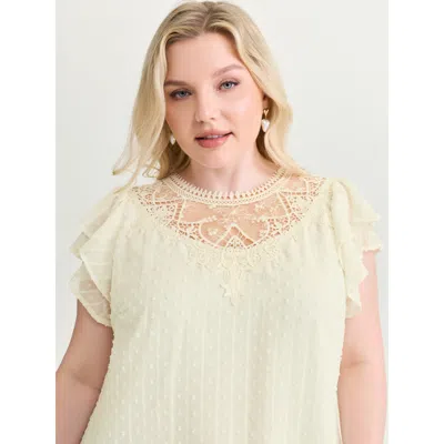 Bloomchic Women's Plus Size Sheer Lace Neckline Layered Sleeve Blouse Beige Elegant Short Sleeve Round Neck 10 In Sand