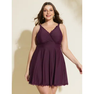 Bloomchic Women's Plus Size Sheer Lace Neckline Pockets Swim Dress Plum Solid Lace Trim Anti-float Tie 12/l In Purple
