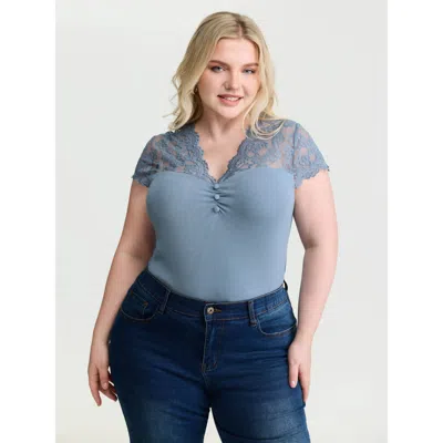Bloomchic Women's Plus Size Sheer Lace Neckline Shirred Knit Top Stone Cap Sleeve Elegant 10/m In Gray