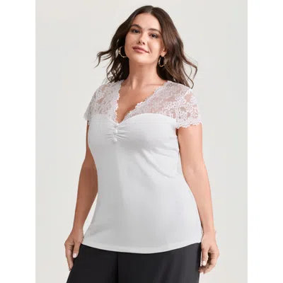 Bloomchic Women's Plus Size Sheer Lace Neckline Shirred Knit Top Whitesmoke Cap Sleeve Elegant 18-20/2x