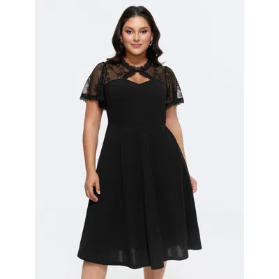 Bloomchic Women's Plus Size Sheer Lace Neckline Sweetheart Midi Dress Black Else Maxi Elegant Patchwork 10/m