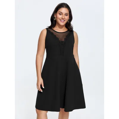 Bloomchic Women's Plus Size Sheer Lace Neckline Waist-defining Mini Dress Black Solid Knee Length Elegant Patc