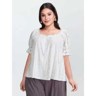 Bloomchic Women's Plus Size Sheer Lace Panels Ruffled Neckline Blouse Ivory Synthetic Texture Elegant Short Sl In White