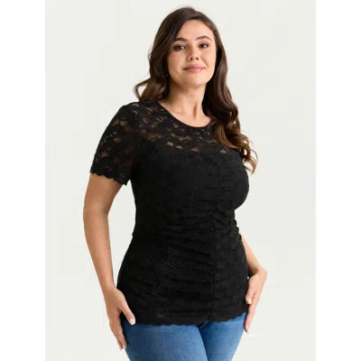 Bloomchic Women's Plus Size Sheer Lace Round Neck Knit Top Black Short Sleeve Elegant Round Neck 12/l