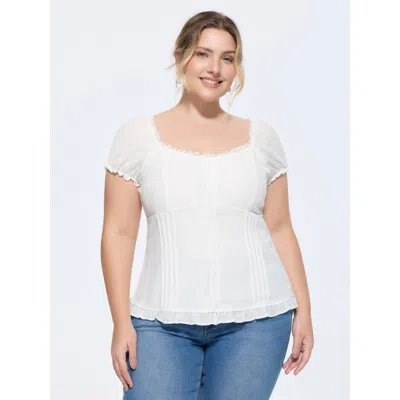 Bloomchic Women's Plus Size Sheer Lace Ruffled Hem Fitted Blouse Originalwhite Else Elegant Short Sleeve Sweet