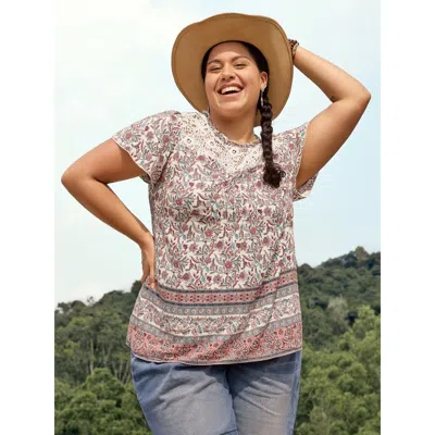 Bloomchic Women's Plus Size Sheer Lace Ruffled Neck Floral Blouse Multicolor Bohemian Print Vacation Short Sle