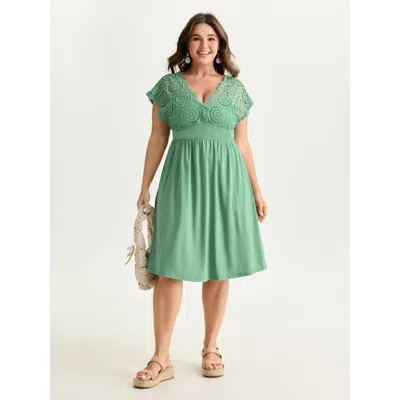 Bloomchic Women's Plus Size Sheer Lace Sleeve Flowy Mini Dress Malachitegreen Non Knee Vacation 10/m