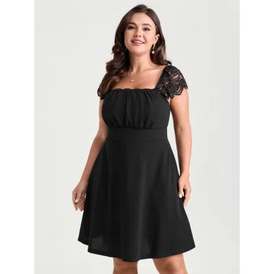 Bloomchic Women's Plus Size Sheer Lace Sleeve Gathered Cinched-waist Mini Dress Black Synthetic Texture Short 