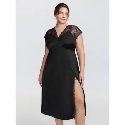 Bloomchic Women's Plus Size Sheer Lace Sleeve High Slit Nightgown Black Cap Sleeve Midi 10/m