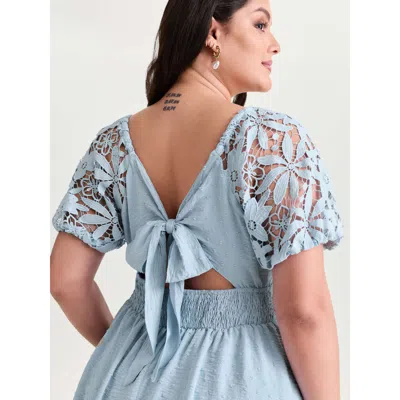Bloomchic Women's Plus Size Sheer Lace Sleeve Open Back Mini Dress Lightblue Else Midi Elegant Cable Knit 12/l In Blue