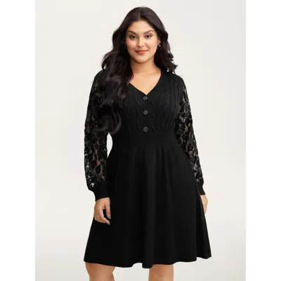 Bloomchic Women's Plus Size Sheer Lace Sleeve Patchwork Sweater Dress Black Solid Mini Patchwork 22-24/3x