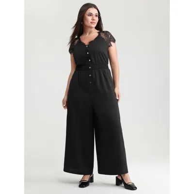 Bloomchic Women's Plus Size Sheer Lace Sleeve Pockets Jumpsuit Black Office 10/m