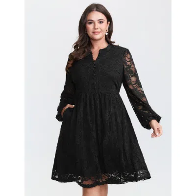 Bloomchic Women's Plus Size Sheer Lace Sleeve Waist-defining Mini Dress Black Solid Midi Elegant Mesh Panel 30