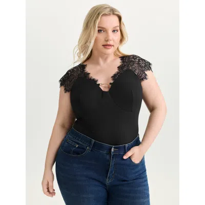 Bloomchic Women's Plus Size Sheer Lace Straps Knit Top Black Short Sleeve Elegant 18-20/2x