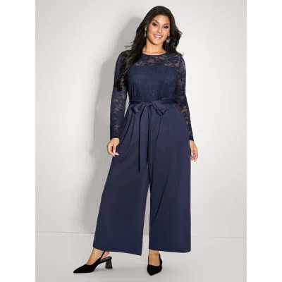 Bloomchic Women's Plus Size Sheer Lace Trim Belted Pockets Jumpsuit Darkblue Party 10/m In Blue