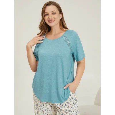 Bloomchic Women's Plus Size Sheer Lace Trim Curvy Hem Plain Pajama Top Cerulean Plain Short Sleeve 10/m In Blue