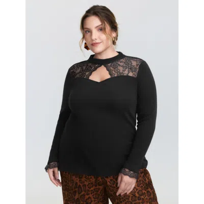 Bloomchic Women's Plus Size Sheer Lace Trim Mock Neck Ribbed T-shirt Black Synthetic Texture Elegant Extra Lon