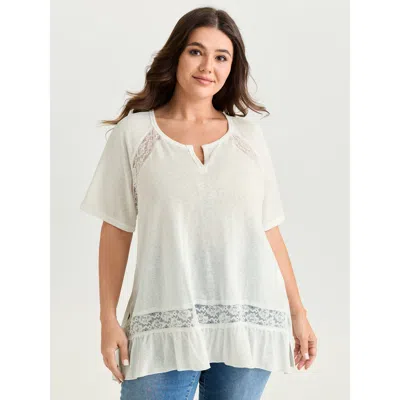 Bloomchic Women's Plus Size Sheer Lace Trim Split Neckline Knit Top Opticwhite Short Sleeve Casual V-notch Nec In White