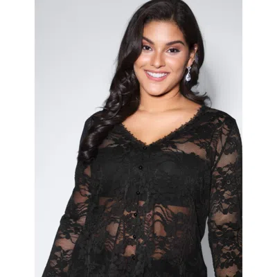 Bloomchic Women's Plus Size Sheer Lace Trim V-neck Top Pureblack Long Sleeve Party 18-20/2x