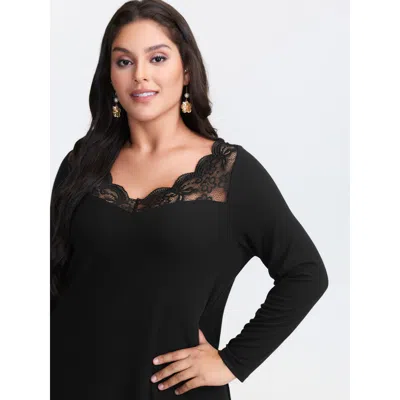 Bloomchic Women's Plus Size Sheer Lace V-neckline T-shirt Black Solid Elegant Long Sleeve V-neck 12/l