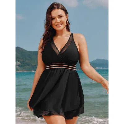 Bloomchic Women's Plus Size Sheer Layered Hem Flowy Swim Dress Black Solid Patchwork Adjustable Straps 18-20/2