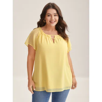 Bloomchic Women's Plus Size Sheer Lined Neck Cut-out Blouse Lightyellow Non Elegant Cap Sleeve 12/l