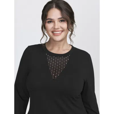 Bloomchic Women's Plus Size Sheer Mesh Sequin Fitted T-shirt Black Non Elegant Long Sleeve 30/6x