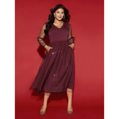 Bloomchic Women's Plus Size Sheer Mesh Shimmering Sequins Maxi Dress Burgundy Party Maxi Texture 10/m