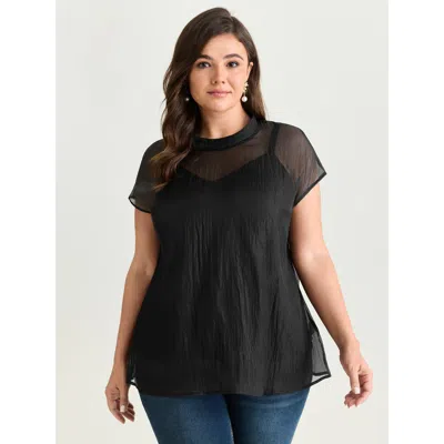 Bloomchic Women's Plus Size Sheer Mock Neckline Breathable Blouse Black Elegant Cap Sleeve Round Neck 12/l