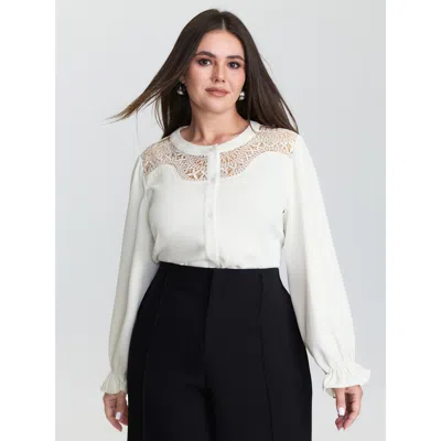 Bloomchic Women's Plus Size Sheer Neckline Ruffled Cuff Sleeve Blouse Ivory Solid Office Long Sleeve Round Nec In White