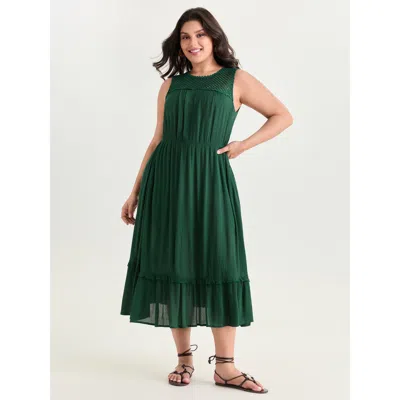 Bloomchic Women's Plus Size Sheer Neckline Ruffled Hem Midi Dress Emerald Solid Maxi Vacation 30/6x In Green