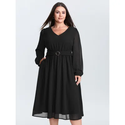 Bloomchic Women's Plus Size Sheer Pleated Metal Detail Midi Dress Pureblack Solid Midi Office Wide Waistband 2