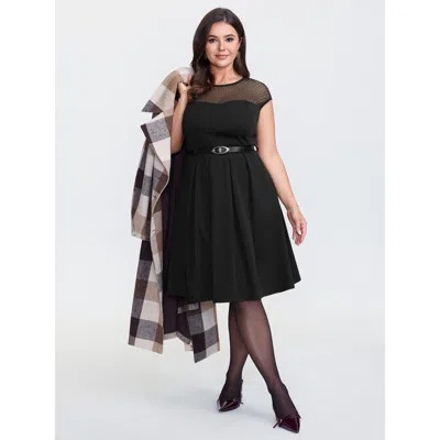 Bloomchic Women's Plus Size Sheer Polka Dots Neckline Belted Mini Dress Black Solid Midi Office Mesh Panel 22-